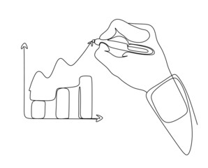 One continuous line drawing of graph icon isolated on white background vector illustration. Growing graph with hand. Single line vector. 