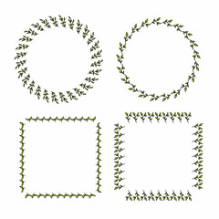 Set of round and square frames with simple cozy green leaves on white background. Vector image.