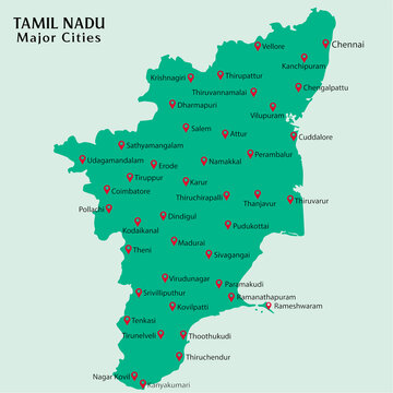 Major Cities in Indian State Tamil nadu Pinned in the Tamil nadu Map Vector illustration