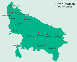 Major Cities in Indian State Uttar Pradesh Pinned in the Uttar Pradesh Map Vector illustration