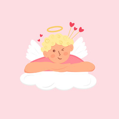 curly hair cute cupid on a cloud with hearts