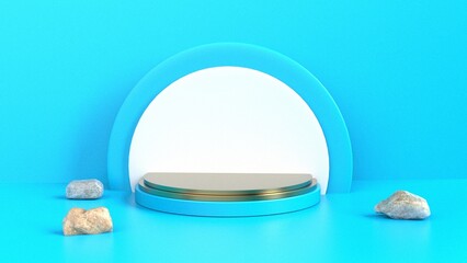 Blue podium product display studio stand set minimal 3d render cylinder and circle geometric shape