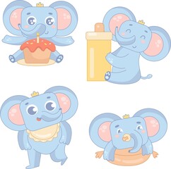 Tropical animals newborn set with a pacifier, bottle. Elephant. Vector illustration for designs, prints, and patterns. 