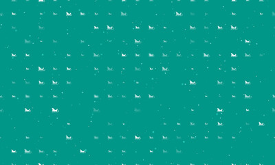 Seamless background pattern of evenly spaced white sleigh symbols of different sizes and opacity. Vector illustration on teal background with stars