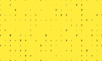 Seamless background pattern of evenly spaced black wheat symbols of different sizes and opacity. Vector illustration on yellow background with stars