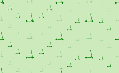 Seamless pattern of large and small green kick scooter symbols. The elements are arranged in a wavy. Vector illustration on light green background