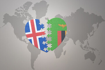 puzzle heart with the national flag of zambia and iceland on a world map background. Concept.