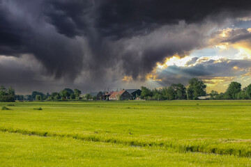 Naklejka na ściany i meble Dutch meadow landscape Zaans Rietveld, Alphen aan den Rijn with juicy green meadows and on the horizon farms against background with dark storm clouds with sharp sunlight shining through clouds