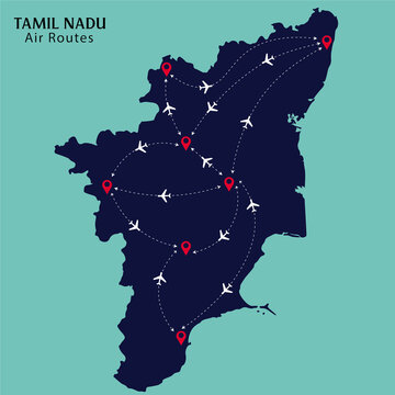 Tamil nadu Air Route links in the Tamilnadu Map vector illustration