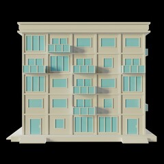 White House, modern style, 5-floor model. Architecture Made from paper, low poly behind 3d rendering. Blue windows and doors.