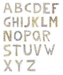 Clipped uppercase alphabet on white background. The cut pieces are from old with ink handwritten...