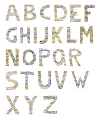 Clipped uppercase alphabet on white background. The cut pieces are from old with ink handwritten texts