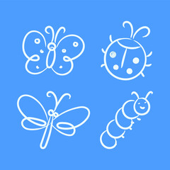 Doodle Butterfly, Ladybug, Dragonfly and Caterpillar. All The Images Are Isolated. Kid Doodle Style. Vector.