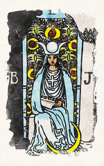 Obraz premium Watercolor Painting Of The High Priestess Tarot Card From The Rider-Waite-Smith Traditional Tarot Deck Depicting A Sage Woman Holding The Tora Sitting Between Two Pillars And A Secretive Curtain