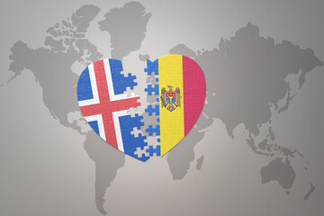 puzzle heart with the national flag of moldova and iceland on a world map background. Concept.