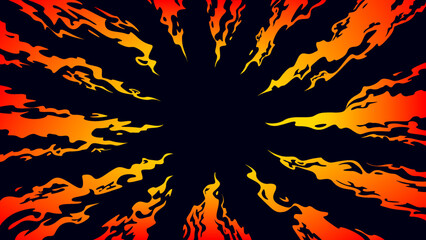 Tongues of fire directed to the center on a black background. Comic fantasy fire flame backgrounds. Design template page. Hand drawn vector art