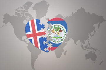 puzzle heart with the national flag of belize and iceland on a world map background. Concept.