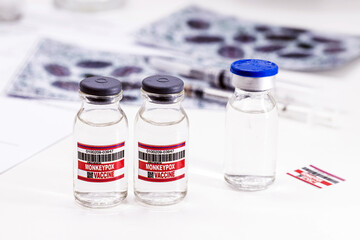 monkeypox vaccine ampoules or vial, epidemic vaccination, copy space