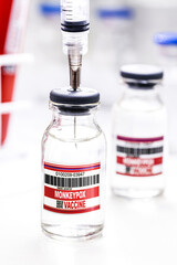 syringe puncturing monkeypox vaccine ampoules or vial, pharmaceutical industry, research for epidemic vaccination, copy space