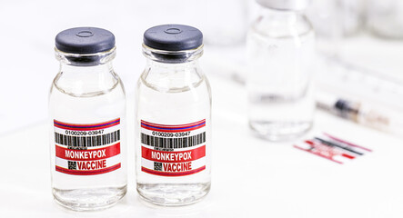 monkeypox vaccine ampoules or vial, epidemic vaccination, copy space