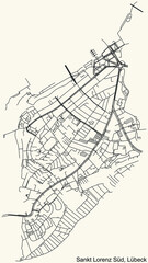 Detailed navigation black lines urban street roads map of the ST. LORENZ-SÜD DISTRICT of the German regional capital city of Lübeck, Germany on vintage beige background