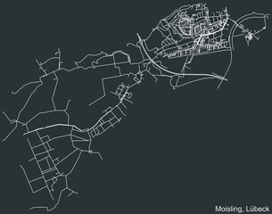 Detailed negative navigation white lines urban street roads map of the MOISLING DISTRICT of the German regional capital city of Lübeck, Germany on dark gray background