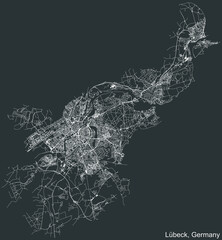 Detailed negative navigation white lines urban street roads map of the German regional capital city of LÜBECK, GERMANY on dark gray background