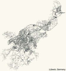 Detailed navigation black lines urban street roads map of the German regional capital city of LÜBECK, GERMANY on vintage beige background