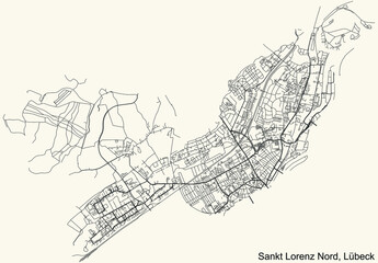 Detailed navigation black lines urban street roads map of the ST. LORENZ-NORD DISTRICT of the German regional capital city of Lübeck, Germany on vintage beige background