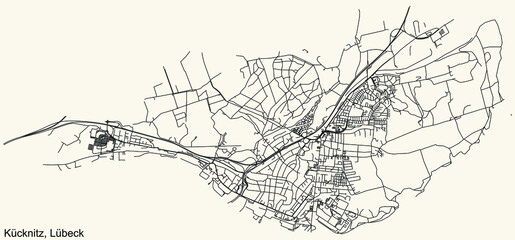 Detailed navigation black lines urban street roads map of the KÜCKNITZ DISTRICT of the German regional capital city of Lübeck, Germany on vintage beige background