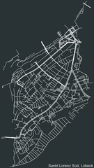 Detailed negative navigation white lines urban street roads map of the ST. LORENZ-SÜD DISTRICT of the German regional capital city of Lübeck, Germany on dark gray background