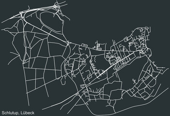 Detailed negative navigation white lines urban street roads map of the SCHLUTUP DISTRICT of the German regional capital city of Lübeck, Germany on dark gray background