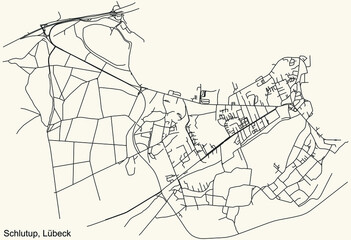 Detailed navigation black lines urban street roads map of the SCHLUTUP DISTRICT of the German regional capital city of Lübeck, Germany on vintage beige background