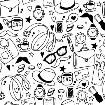 vector seamless pattern in doodle style. holiday father's day. black and white elements, antistress coloring book. elements of men's things