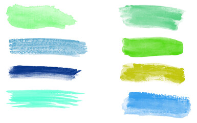 Set of vector brush strokes. Watercolor. Colorful abstract painted ink strokes set on watercolor paper. Ink strokes. Flat kind brush stroke.