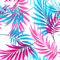 Bright seamless pattern with tropical leaves and flowers. Banana leaf template for printing on fabric, textile, paper. Exotic jungle pattern. Palm leaves, orchid. Paradise tropical forest