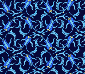 Seamless vector tulip pattern in azure color palette. Can be resized and repeated along large decorative surfaces like fabric patterns, wallpapers, beddings. 