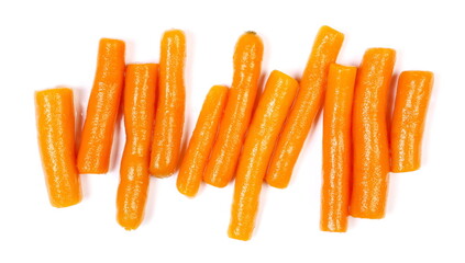 Cooked baby carrots isolated on white, top view