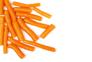 Cooked baby carrots isolated on white, top view