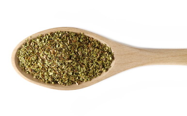 Pile of dried oregano leaves in wooden spoon isolated on white, top view