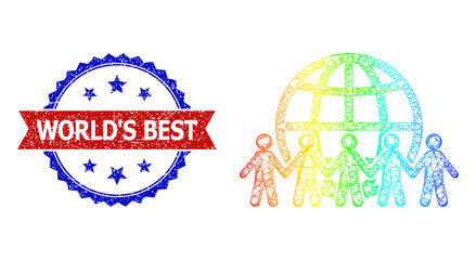 Network world people frame icon with spectrum gradient, and bicolor dirty World'S Best seal. Red stamp seal has World'S Best tag inside blue rosette. Colorful frame mesh world people icon.