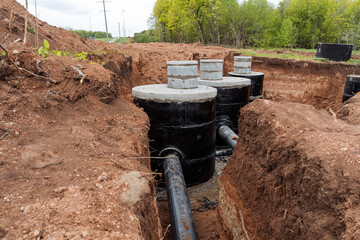 Sewerage trench, pipeline repair, plastic water pipes, PVC material, concrete structure, pipe...