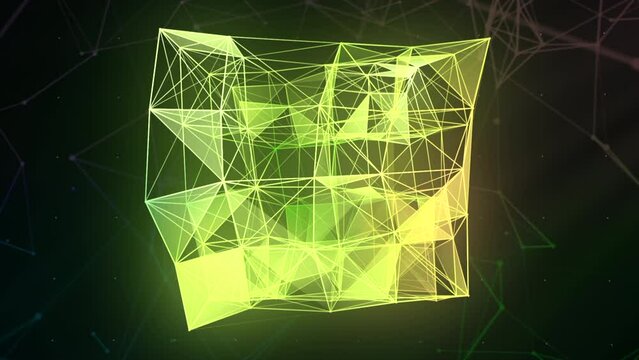 Black background.Motion.A bright quadrangular figure made of small strips of neon colors that move.
