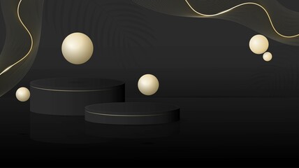 Black podium design with flying sphere design and waving lines in gold color design