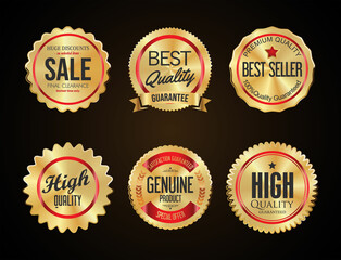 Collection of golden  badges and labels on black background 
