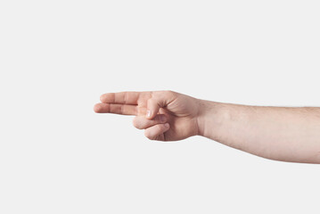 Male hand sign language H on white.