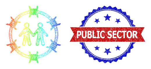 Net mesh people arrest carcass icon with spectral gradient, and bicolor grunge Public Sector seal. Red stamp seal includes Public Sector caption inside blue rosette.