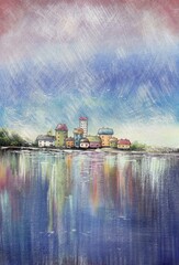 Fototapeta premium Painted houses reflected in the water