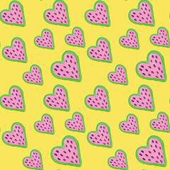 Vector watermelon seamless pattern. Background for summer. Food vector texture. Sliced fruit, red heart of watermelon. Summel wallpaper. Fits for t-shirt print design, bag, textil.