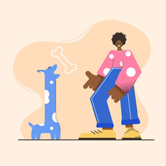 Flat illustration of a woman tossing a bone to her dog